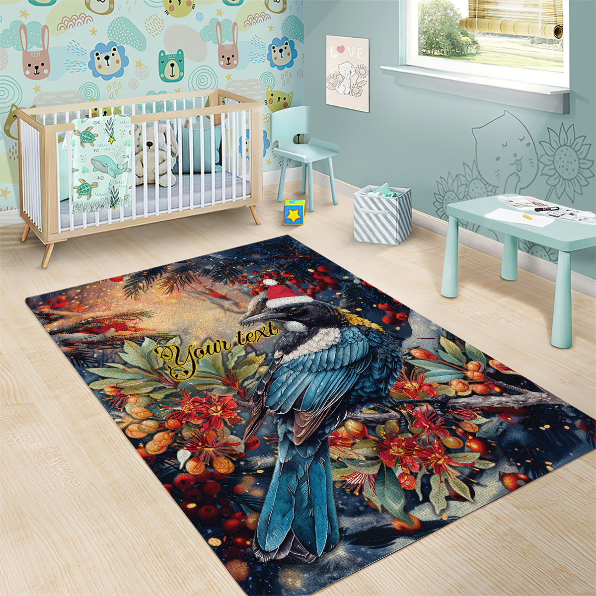 Personalised New Zealand Tui in Pohutukawa Area Rug Christmas in July
