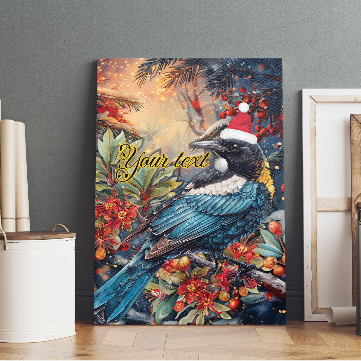 Personalised New Zealand Tui in Pohutukawa Canvas Wall Art Christmas in July