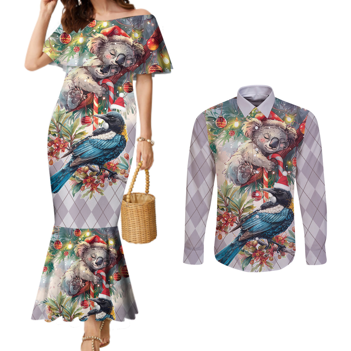 Koala and Tui Bird Christmas in July Couples Matching Mermaid Dress and Long Sleeve Button Shirt