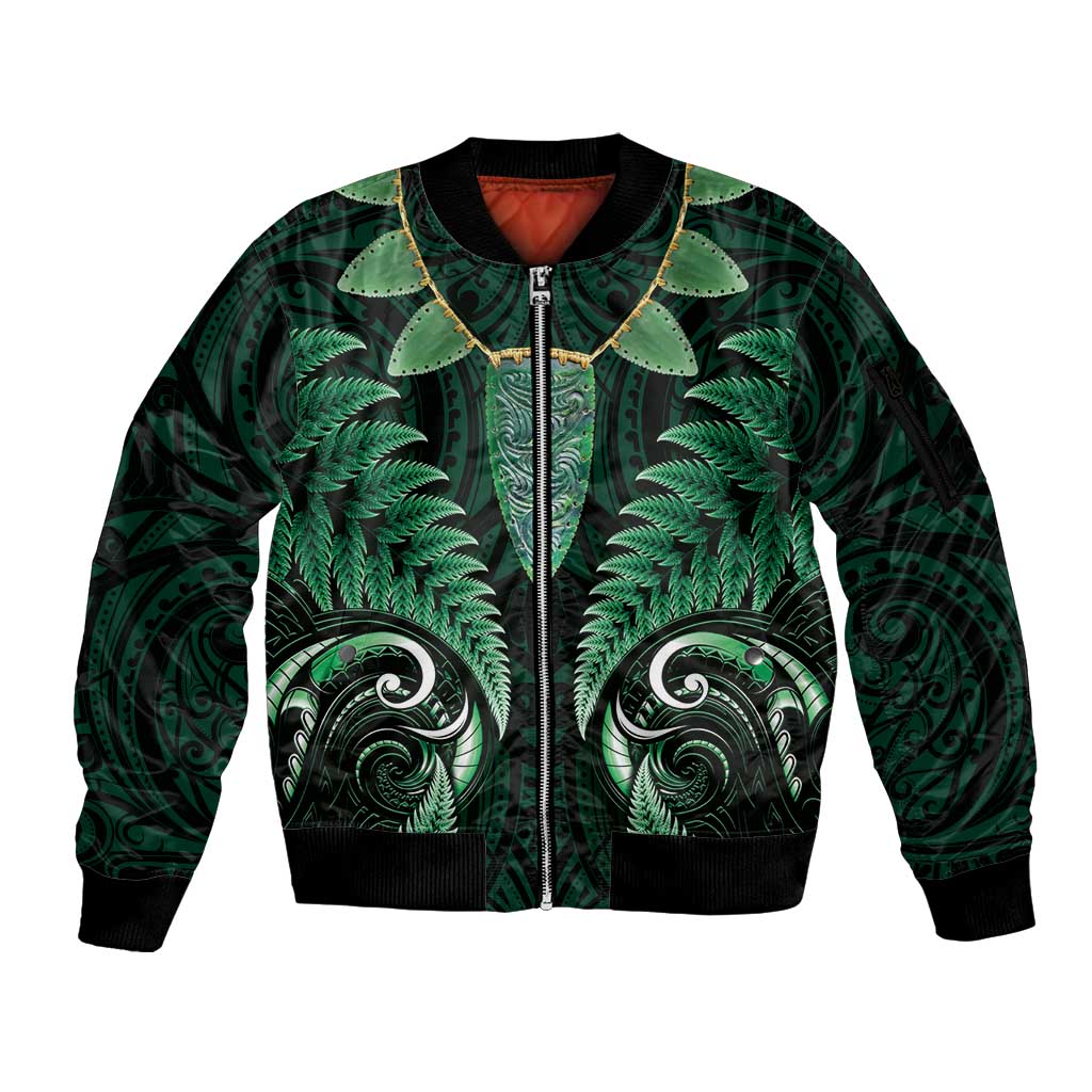 Personalised New Zealand Sleeve Zip Bomber Jacket Aotearoa Silver Fern With Manaia Maori Unique Green LT14 main image 1