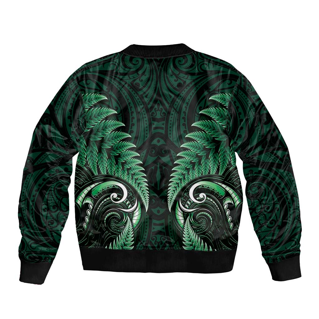 Personalised New Zealand Sleeve Zip Bomber Jacket Aotearoa Silver Fern With Manaia Maori Unique Green LT14