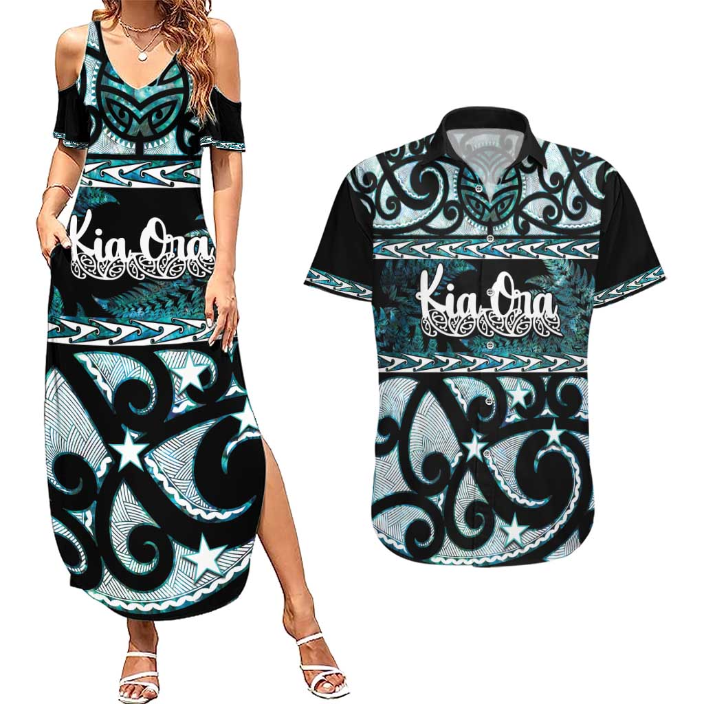 Aotearoa New Zealand Couples Matching Off Shoulder Maxi Dress and Hawaiian Shirt Silver Fern and Matau with Maori Tribal Turquoise Style LT03