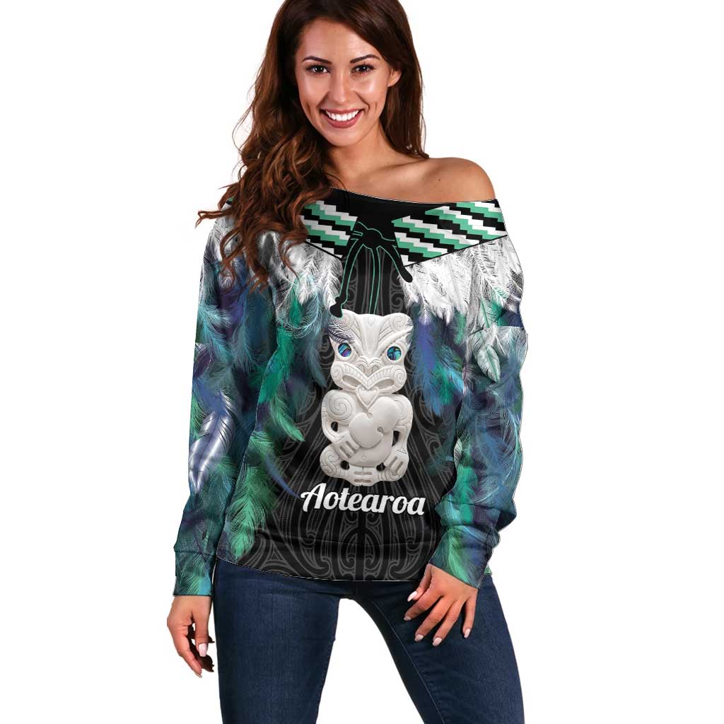 (Custom Personalised) New Zealand Christmas Off Shoulder Sweater Hei Tiki Red Pohutukawa Meri Kirihimete LT14 main image 1