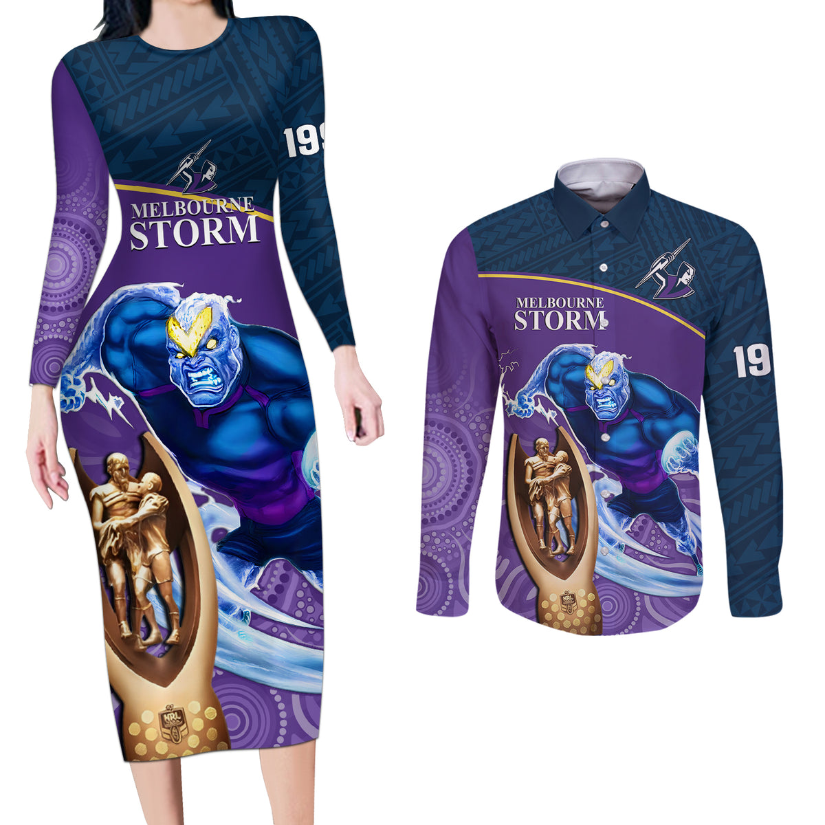 Custom Kimbe Cutters Rugby Couples Matching Long Sleeve Bodycon Dress and Long Sleeve Button Shirts Papua New Guinea Polynesian Tattoo Blue Version LT03 main image 1