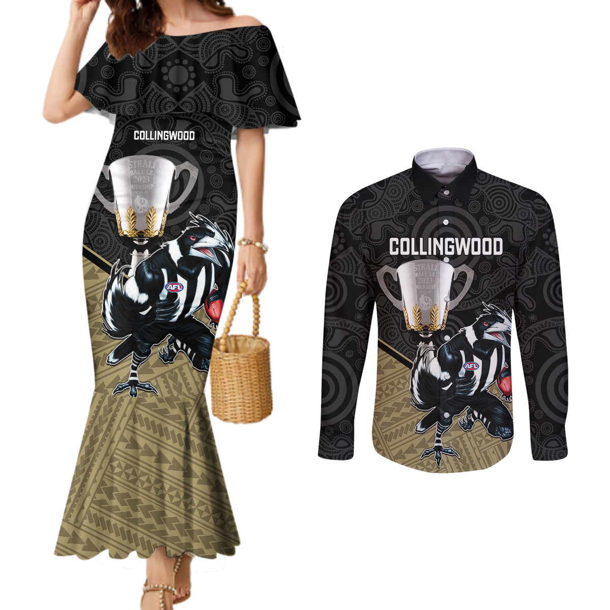 personalised-collingwood-football-couples-matching-mermaid-dress-and-long-sleeve-button-shirts-magpies-go-champions-2023-polynesian-indigenous-art