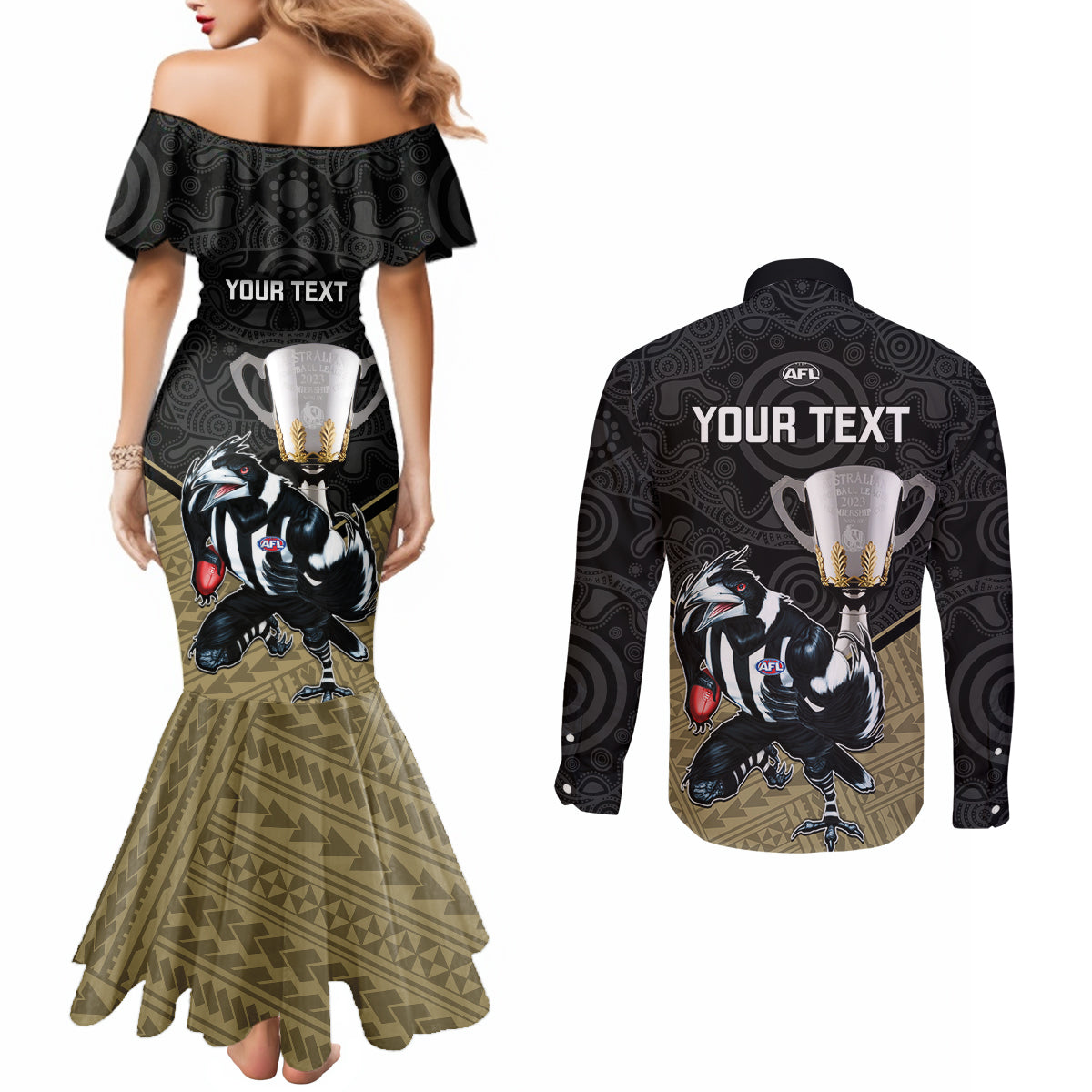 personalised-collingwood-football-couples-matching-mermaid-dress-and-long-sleeve-button-shirts-magpies-go-champions-2023-polynesian-indigenous-art