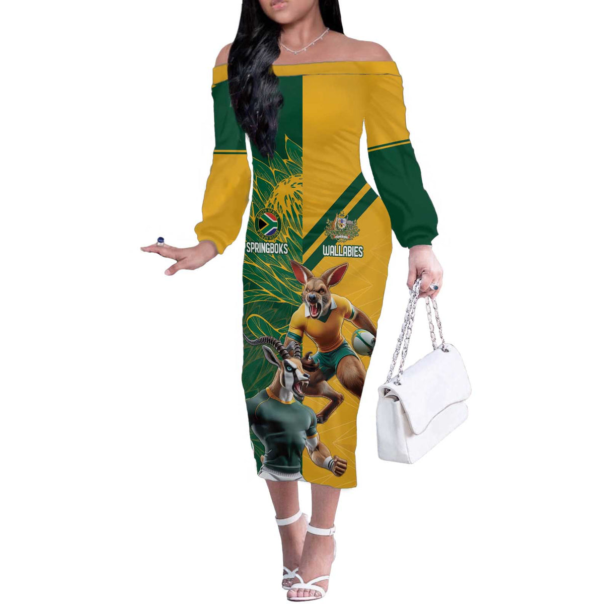 South Africa Soccer Custom Off The Shoulder Long Sleeve Dress Bafana Bafana LT15 main image 1