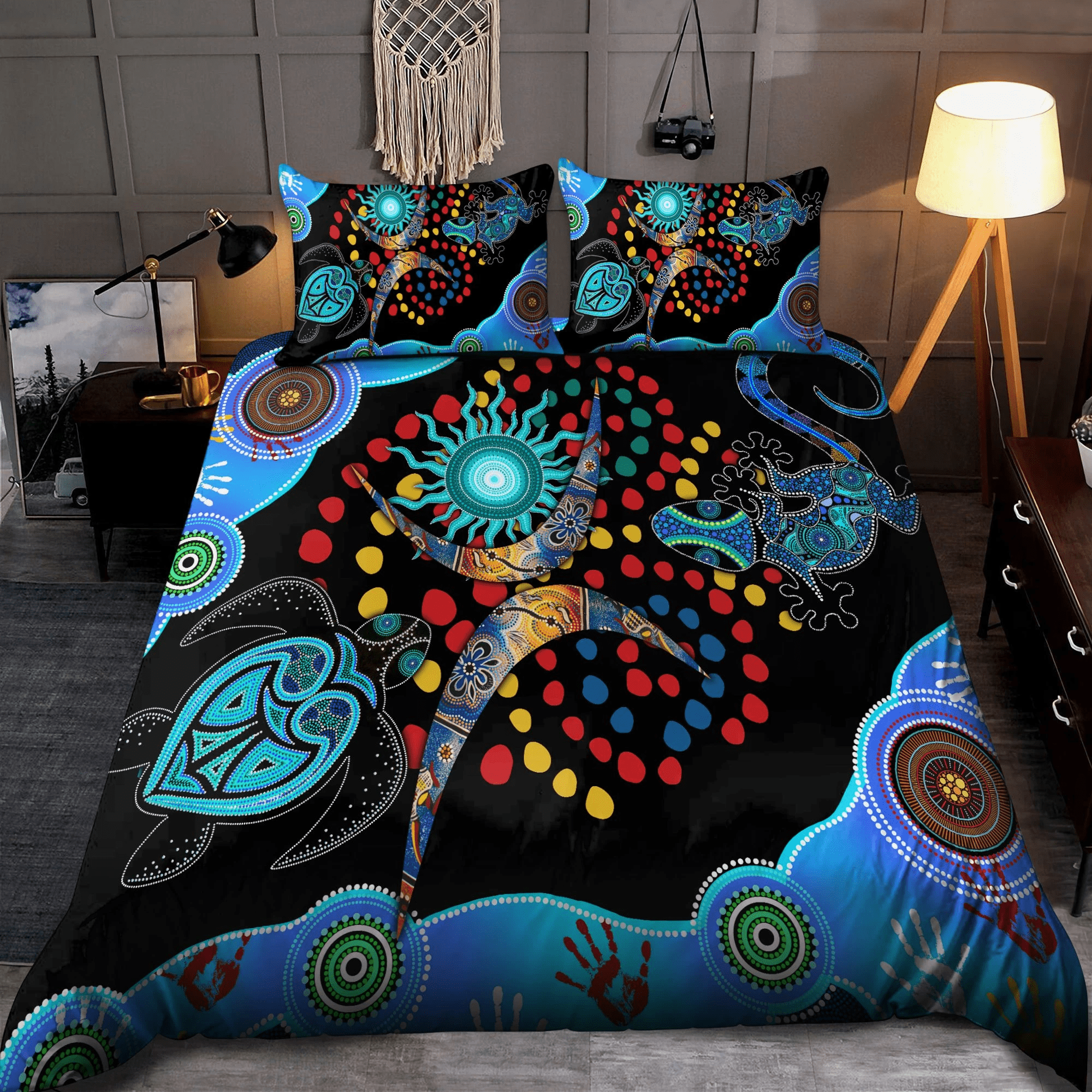 vibe-hoodie-australia-bedding-set-aboriginal-naidoc-week-blue-turtle-lizard