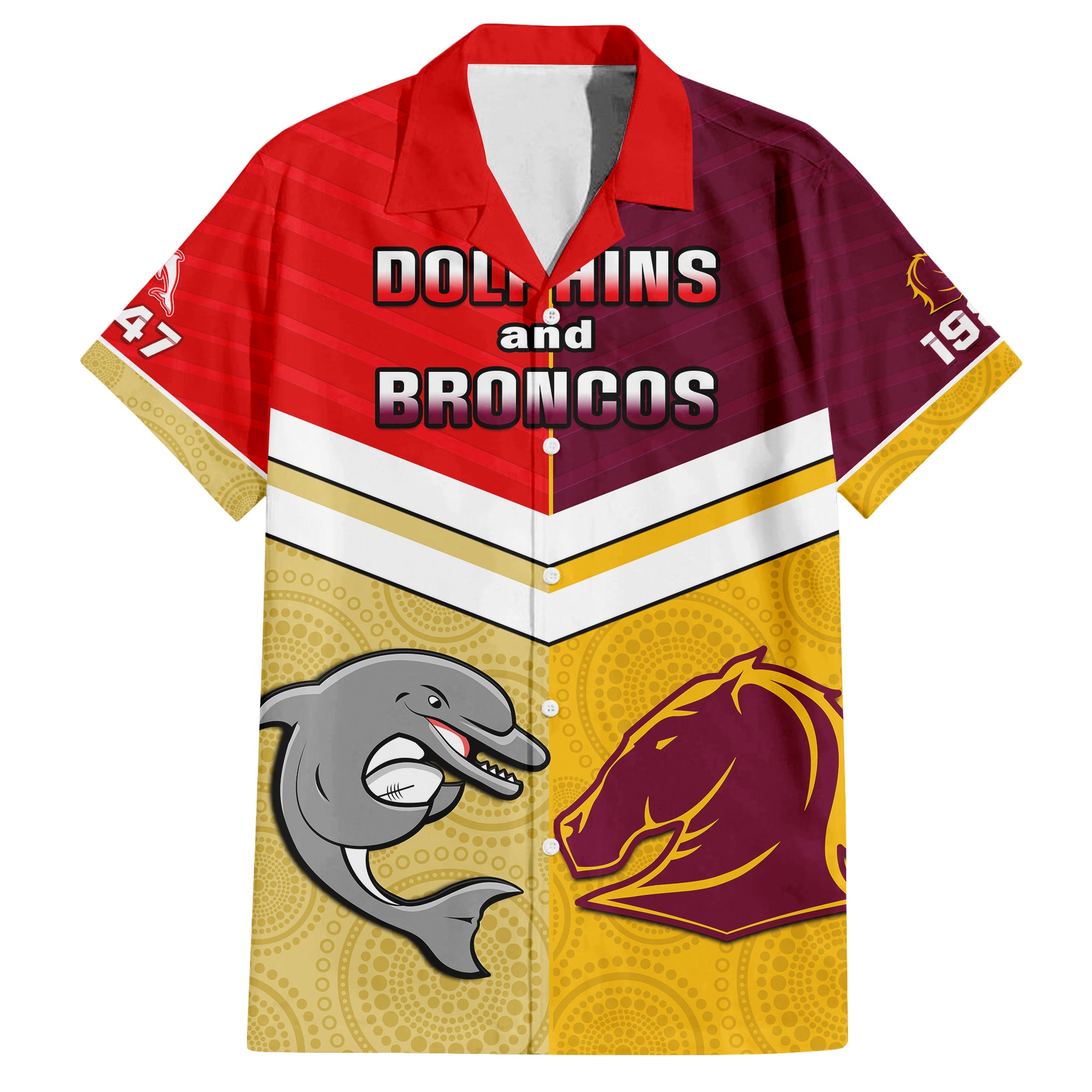 (Custom Text And Number) Dolphins Mix Broncos Rugby Hawaiian Shirt Indigenous Art LT14
