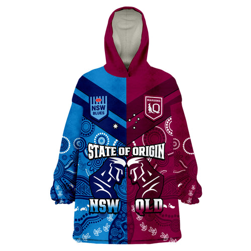 (Custom Personalised) QLD Maroons And NSW Blues Rugby Wearable Blanket Hoodie State of Origin Indigenous LT14