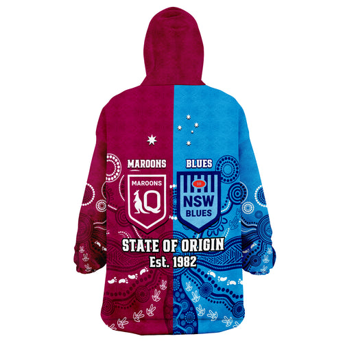 QLD Maroons And NSW Blues Rugby Wearable Blanket Hoodie State of Origin Indigenous LT14