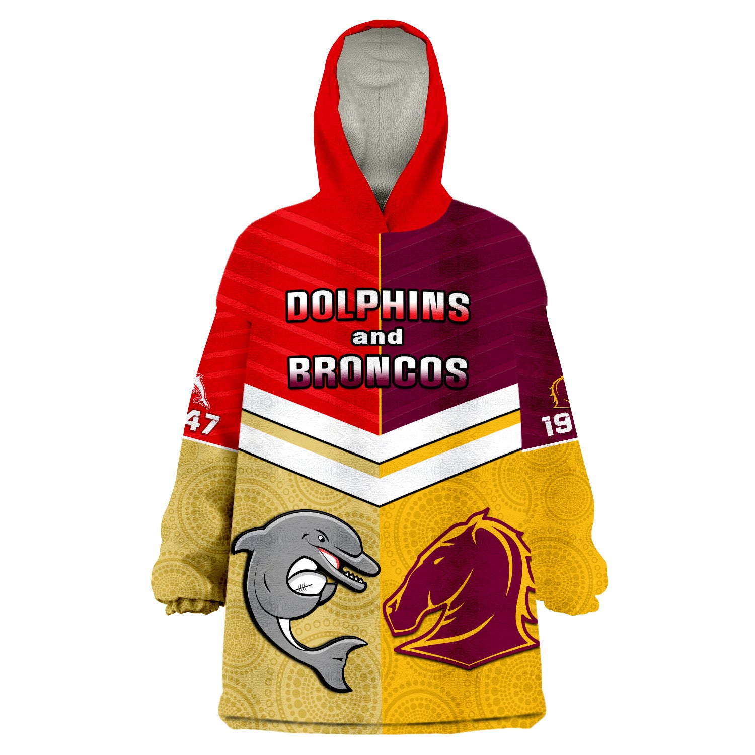 (Custom Text And Number) Dolphins Mix Broncos Rugby Wearable Blanket Hoodie Indigenous Art LT14