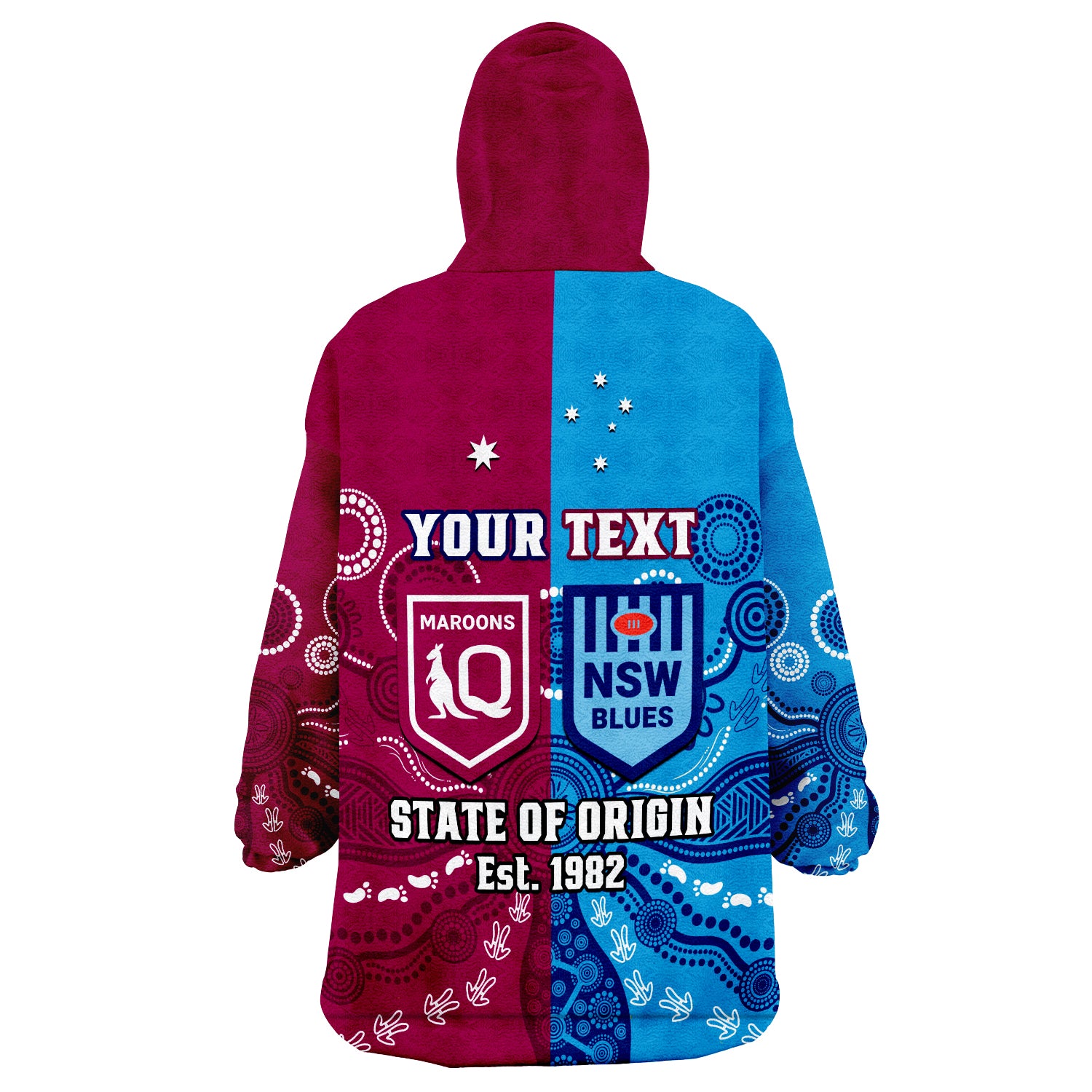 (Custom Personalised) QLD Maroons And NSW Blues Rugby Wearable Blanket Hoodie State of Origin Indigenous LT14
