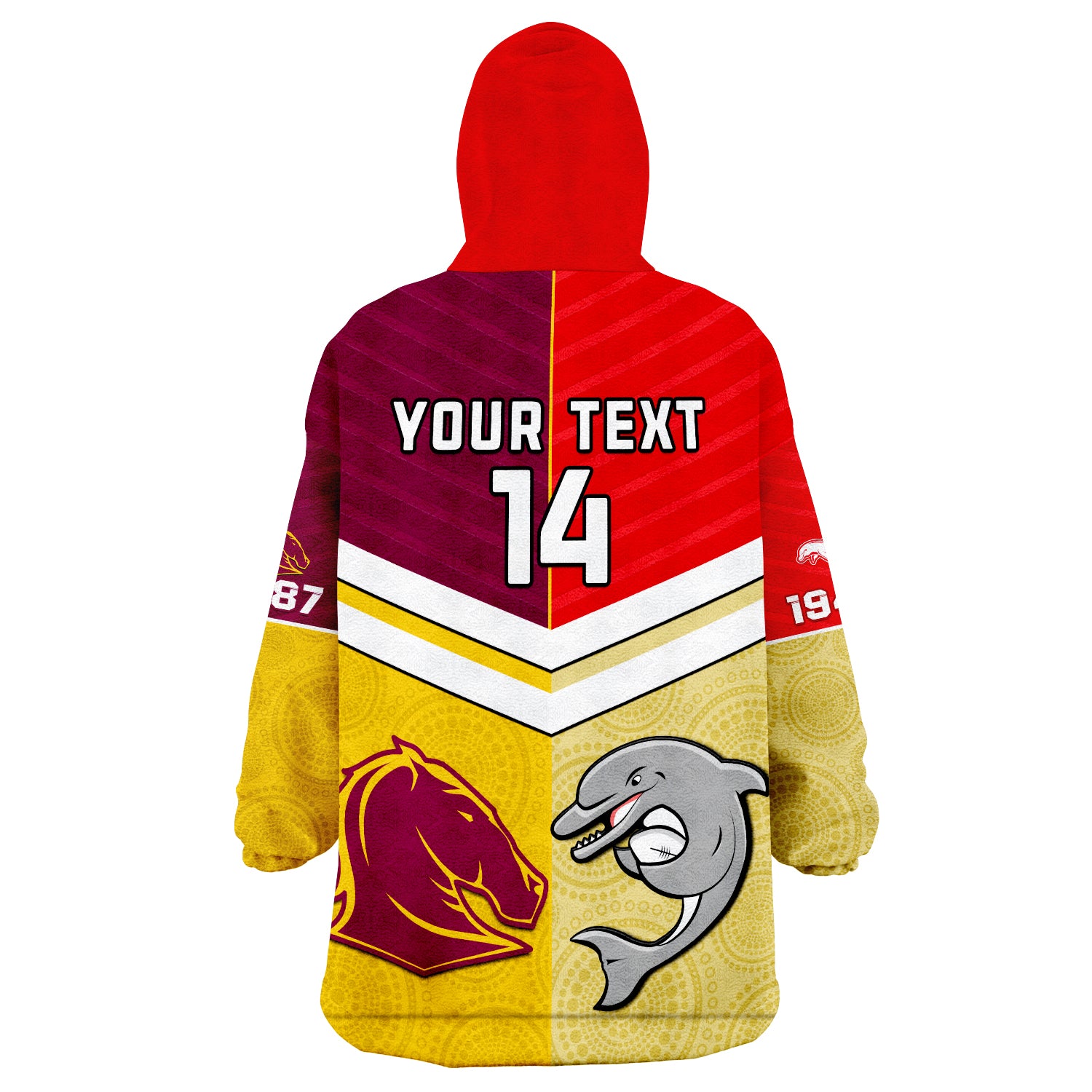 (Custom Text And Number) Dolphins Mix Broncos Rugby Wearable Blanket Hoodie Indigenous Art LT14
