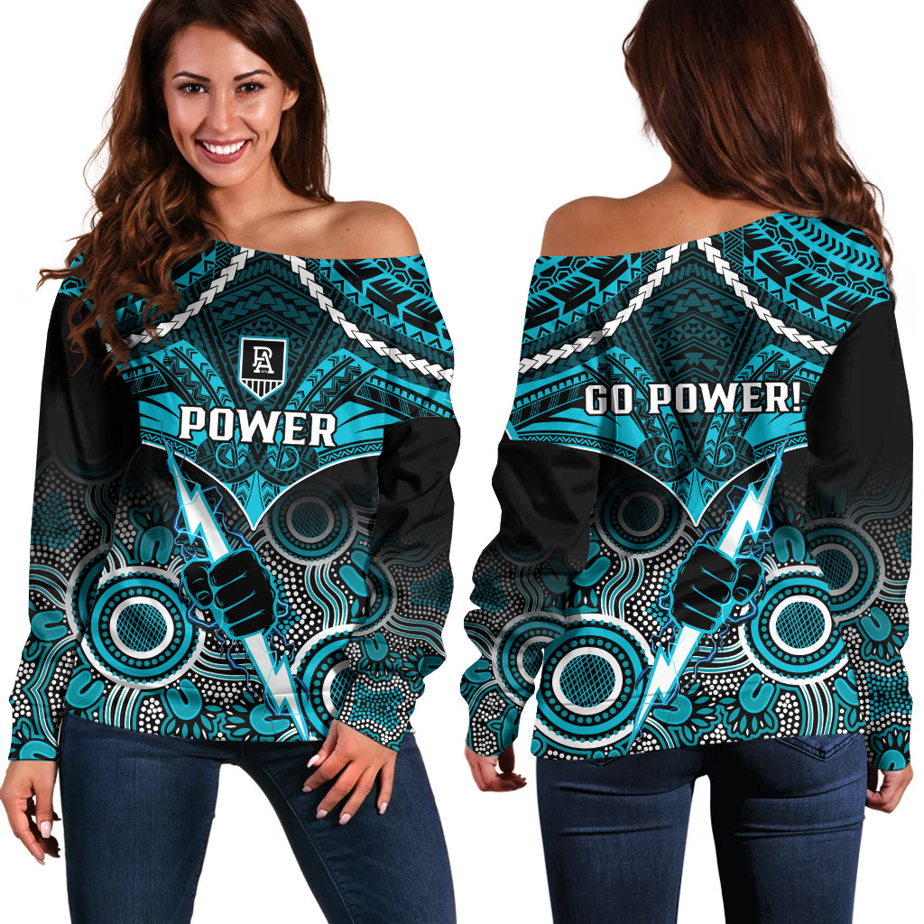Port Adelaide Football Off Shoulder Sweater Power Aboriginal Mix Polynesian Pattern LT14