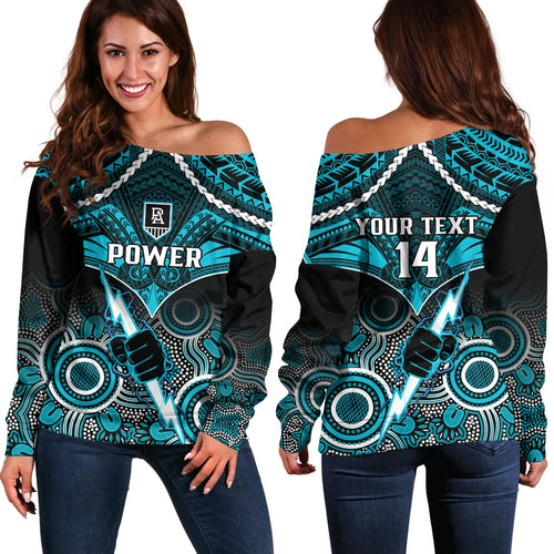 Personalised Port Adelaide Football Off Shoulder Sweater Power Aboriginal Mix Polynesian Pattern LT14