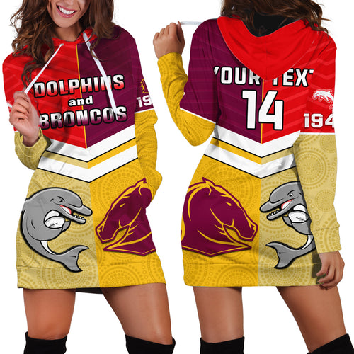 Personalised Dolphins Mix Broncos Rugby Hoodie Dress Indigenous Art LT14