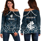 Carlton Football Off Shoulder Sweater Blues Aboriginal Mix Polynesian Pattern LT14