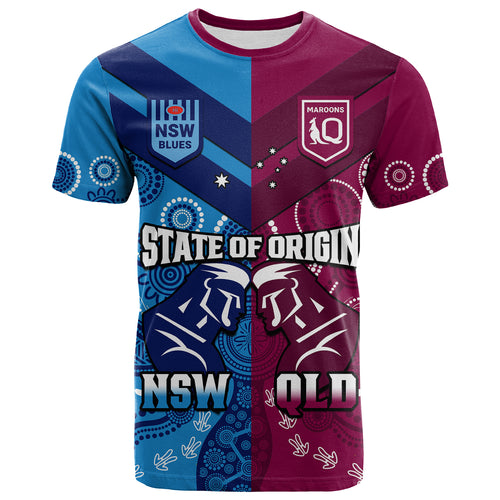 QLD Maroons And NSW Blues Rugby T Shirt State of Origin Indigenous LT14