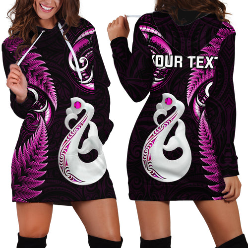 Personalised New Zealand Hoodie Dress Aotearoa Silver Fern With Manaia Maori Unique Pink LT14