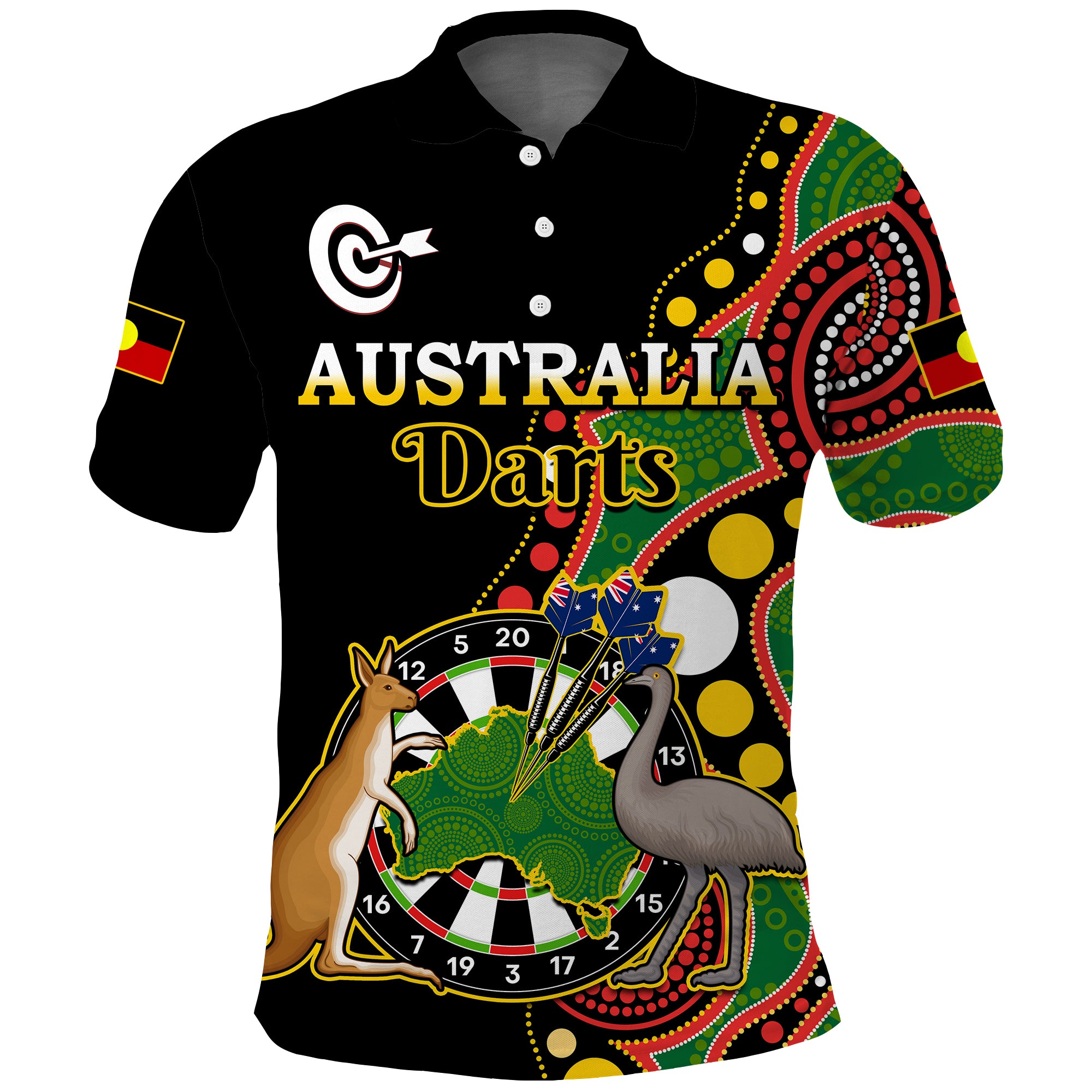 Personalised Australia Darts Indigenous Art Mix Kangaroo And Emu Aboriginal Flag Polo Shirt LT14