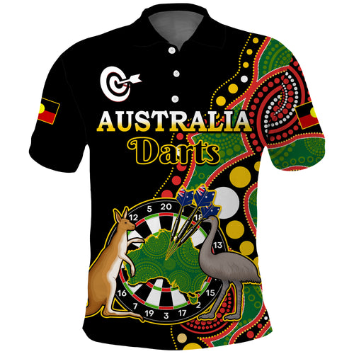 Personalised Australia Darts Indigenous Art Mix Kangaroo And Emu Aboriginal Flag Polo Shirt LT14