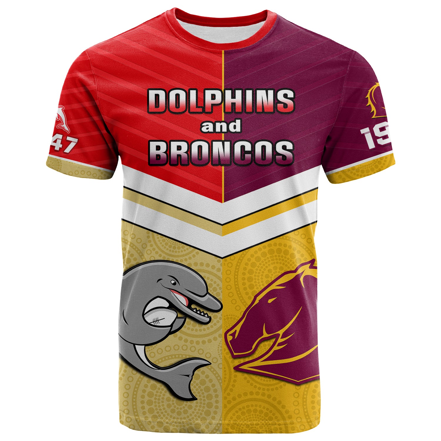 (Custom Text And Number) Dolphins Mix Broncos Rugby T Shirt Indigenous Art LT14