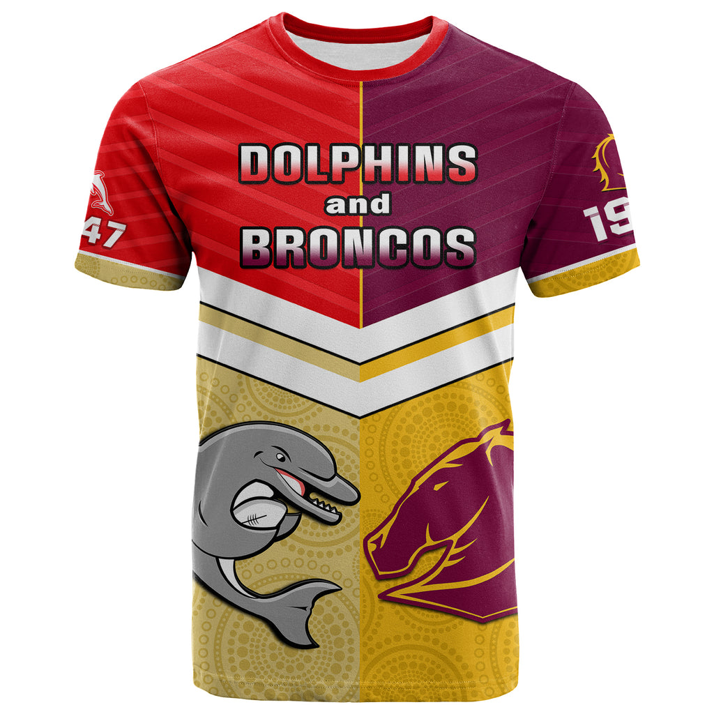 (Custom Text And Number) Dolphins Mix Broncos Rugby T Shirt Indigenous Art LT14