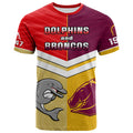 (Custom Text And Number) Dolphins Mix Broncos Rugby T Shirt Indigenous Art LT14