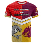 (Custom Text And Number) Dolphins Mix Broncos Rugby T Shirt Indigenous Art LT14