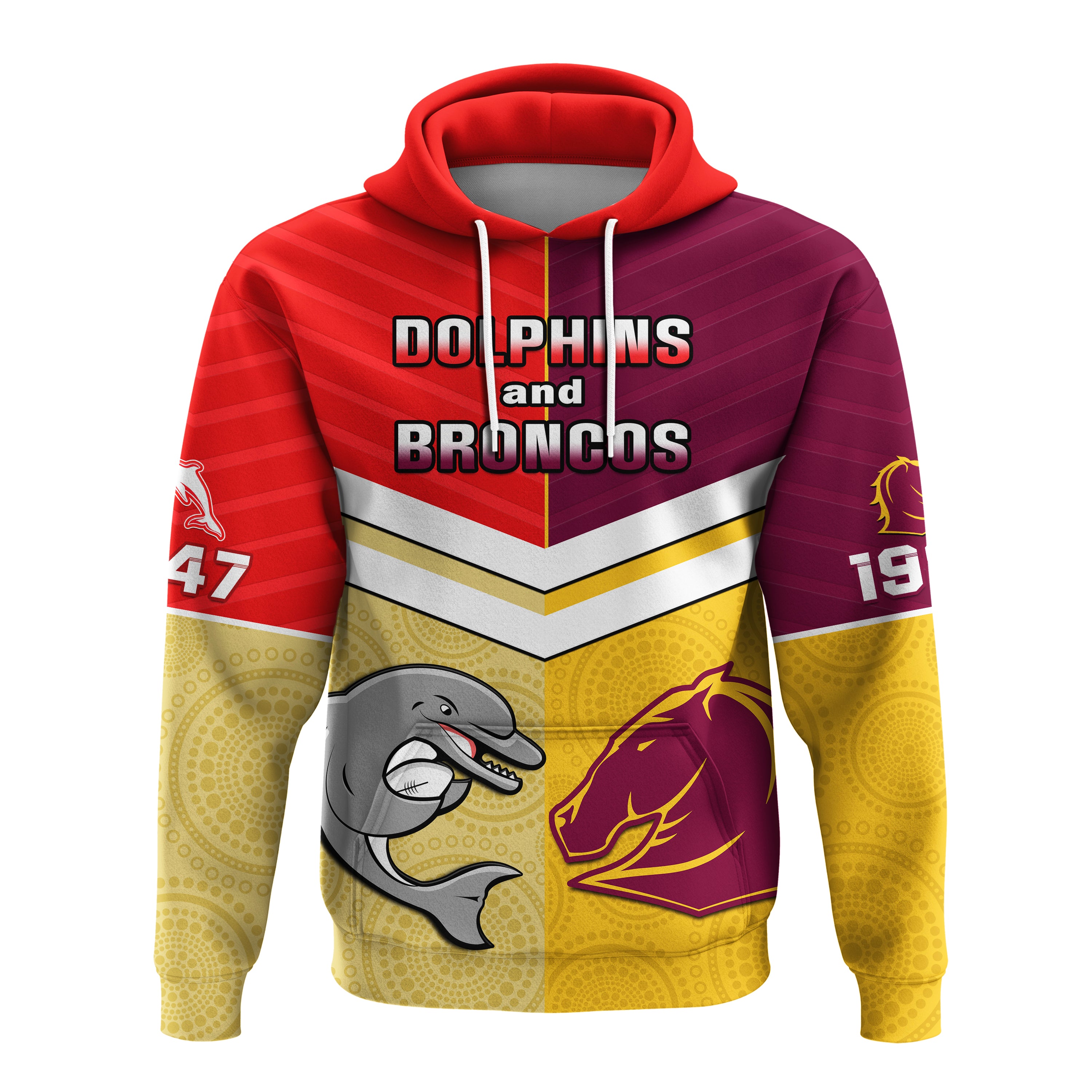 (Custom Text And Number) Dolphins Mix Broncos Rugby Hoodie Indigenous Art LT14