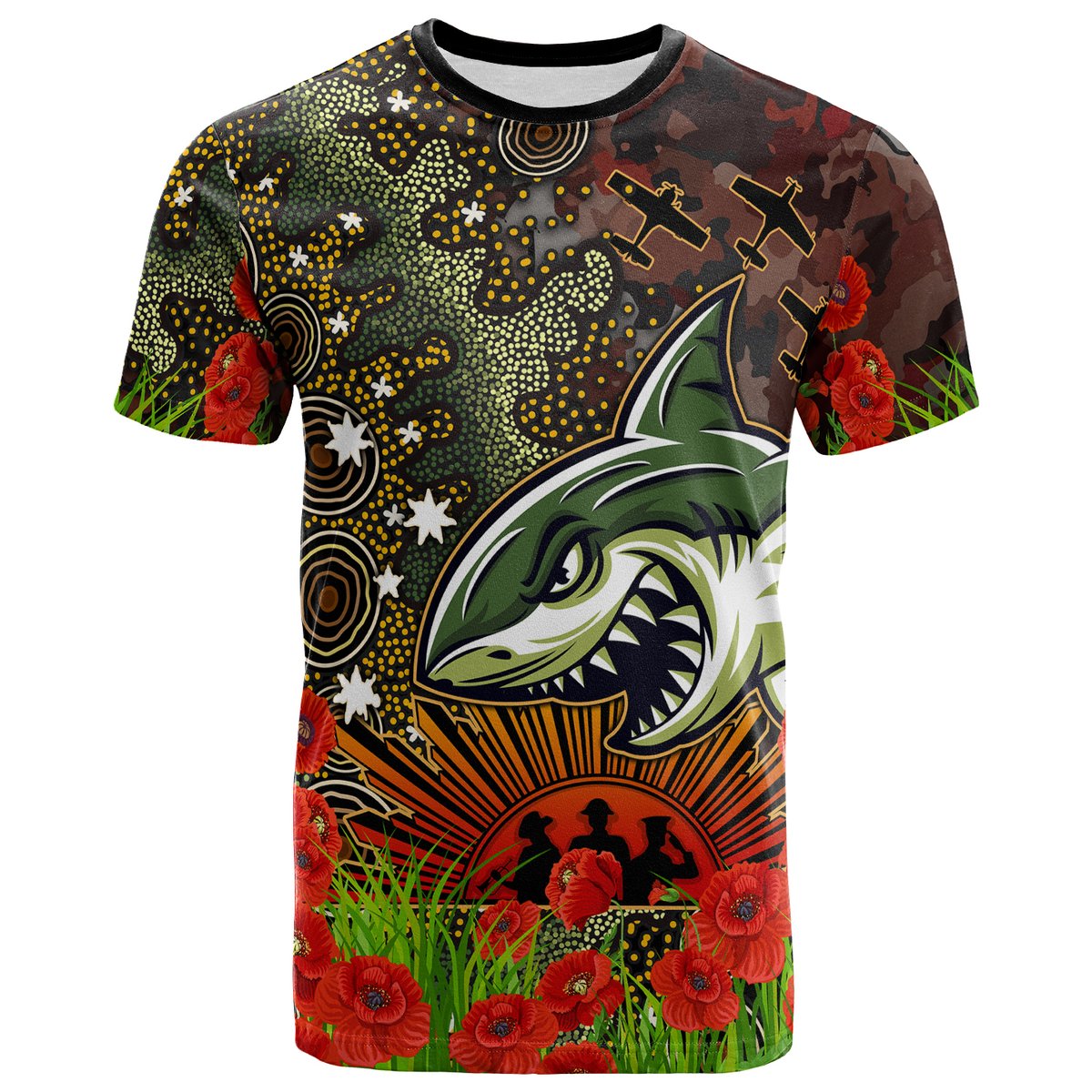 australia-cronulla-anzac-t-shirt-custom-anzac-remembrance-poppy-and-indigenous-patterns-t-shirt