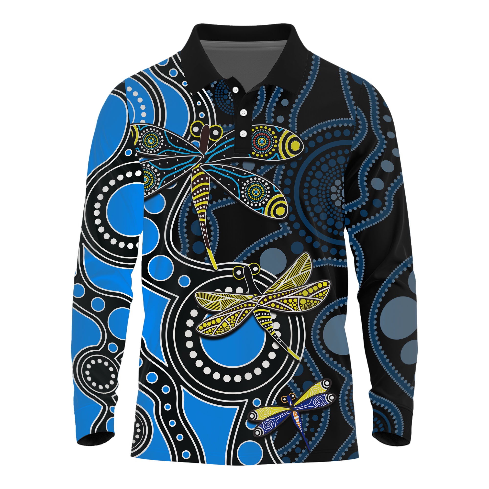 Aboriginal Dragonfly Long Sleeve Polo Shirt Blue Style LT6