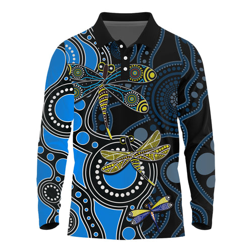 Aboriginal Dragonfly Long Sleeve Polo Shirt Blue Style LT6