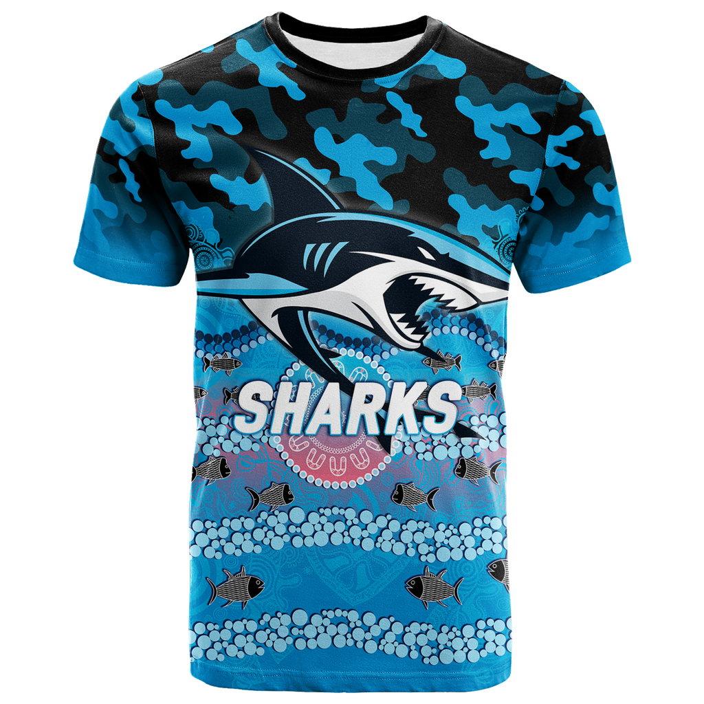 (Custom Personalised) Sharks Rugby ANZAC Day Camouflage Indigenous Art T-Shirt - LT12