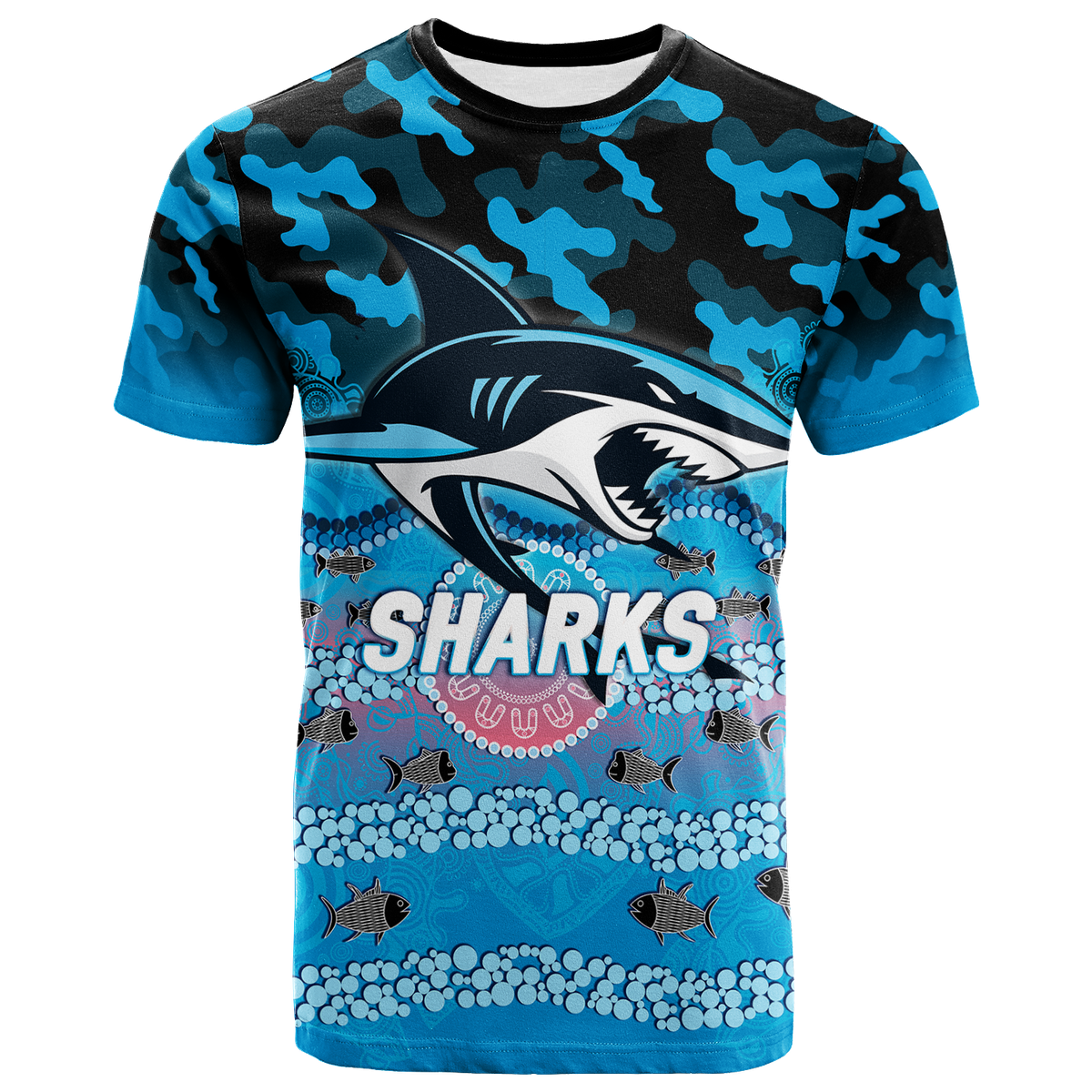 (Custom Personalised) Sharks Rugby ANZAC Day Camouflage Indigenous Art T-Shirt - LT12