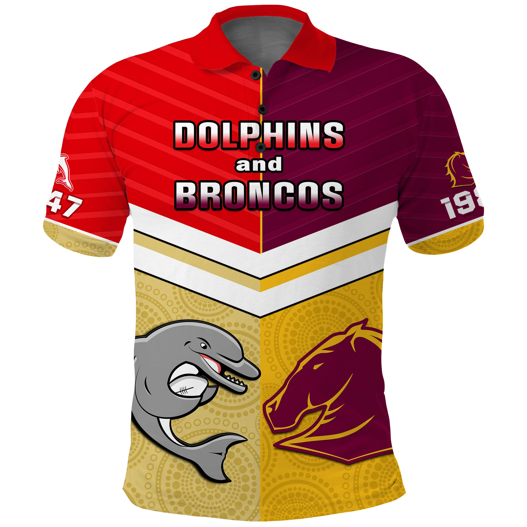 (Custom Text And Number) Dolphins Mix Broncos Rugby Polo Shirt Indigenous Art LT14