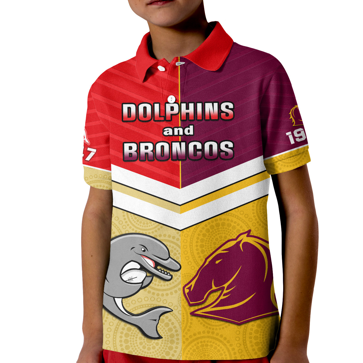(Custom Text And Number) Dolphins Mix Broncos Rugby Polo Shirt Indigenous Art LT14