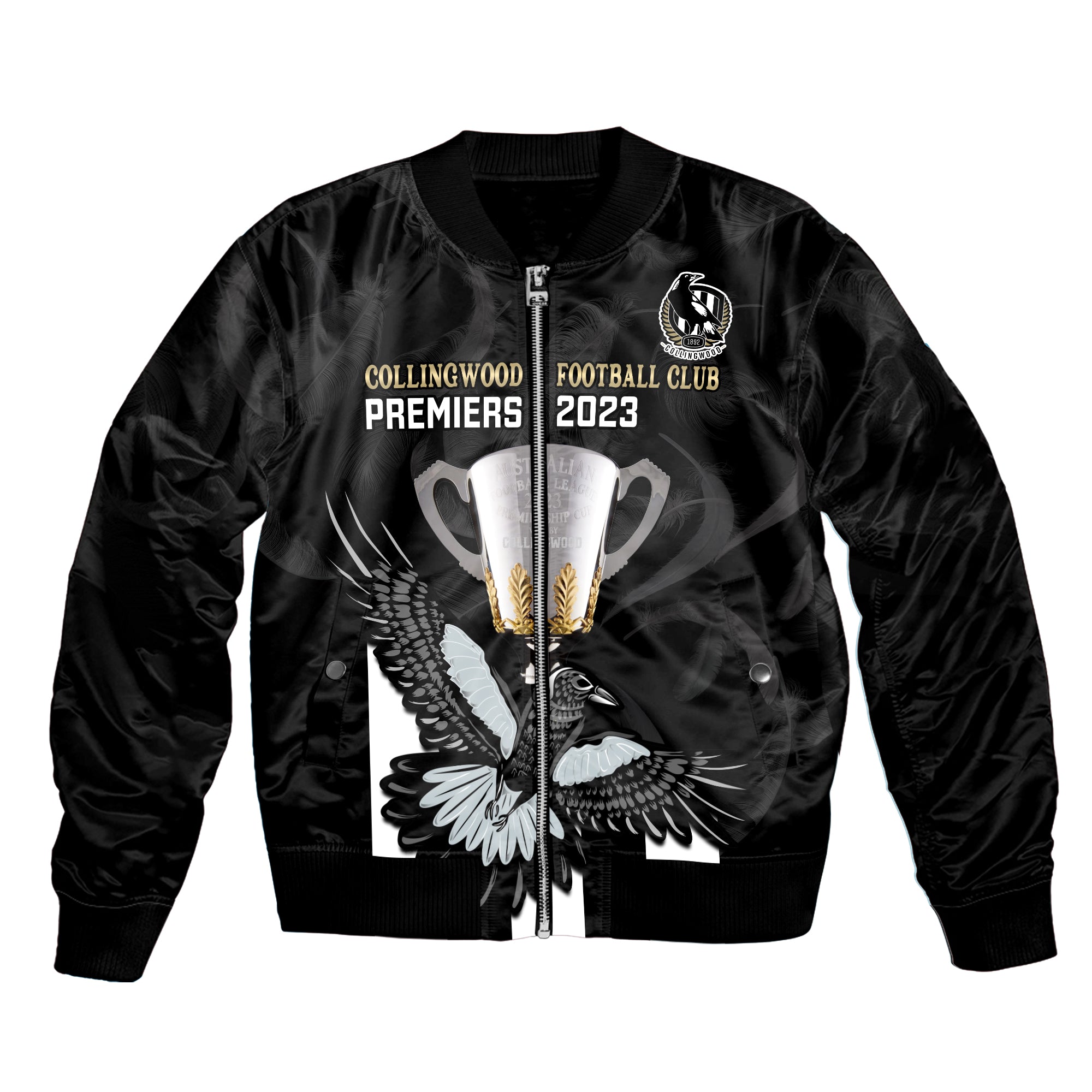 AFL Collingwood Bomber Jacket Magpies Premiers 2023 With Trophy Proud LT14
