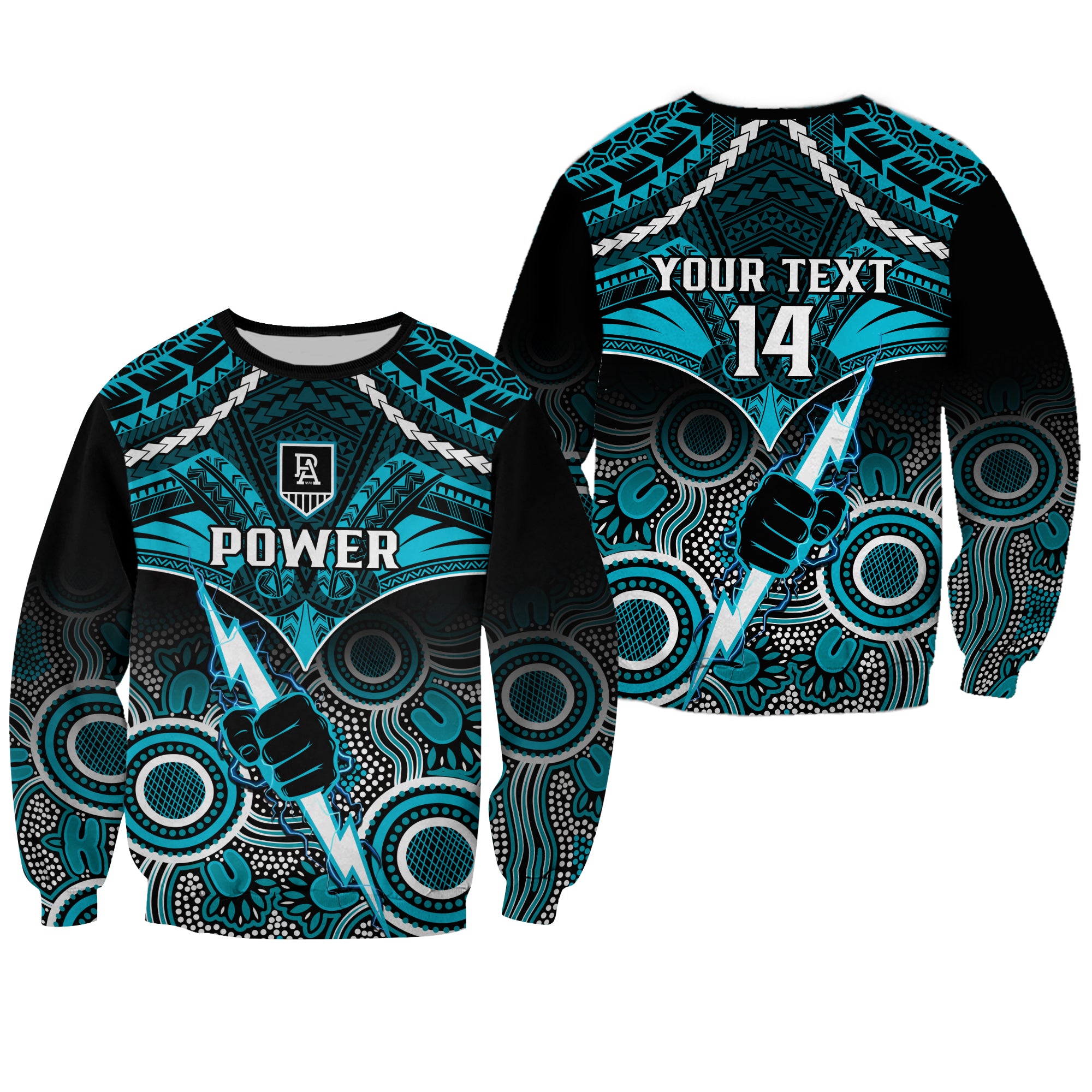 Personalised Port Adelaide Football Sweatshirt Power Aboriginal Mix Polynesian Pattern LT14