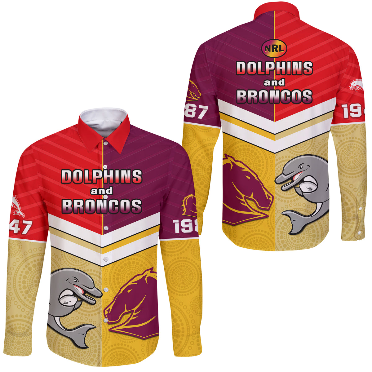Dolphins Mix Broncos Rugby Long Sleeve Button Shirt Indigenous Art LT14