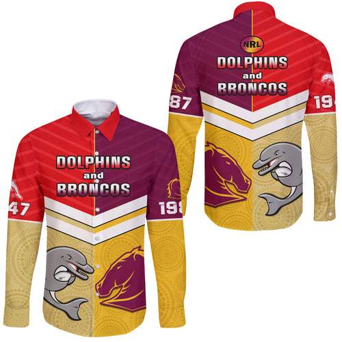 Dolphins Mix Broncos Rugby Long Sleeve Button Shirt Indigenous Art LT14