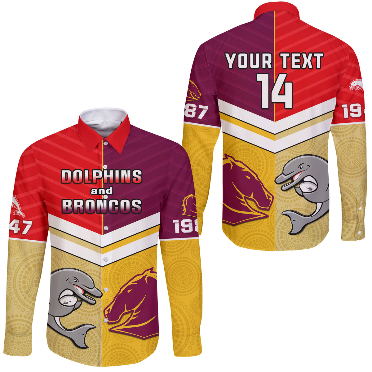 Personalised Dolphins Mix Broncos Rugby Long Sleeve Button Shirt Indigenous Art LT14
