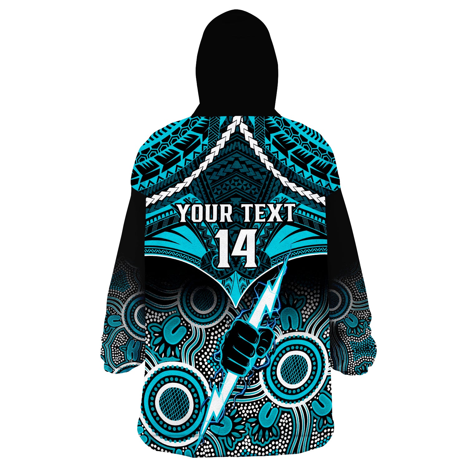 Personalised Port Adelaide Football Wearable Blanket Hoodie Power Aboriginal Mix Polynesian Pattern LT14
