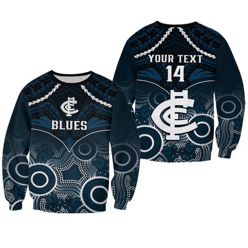 Personalised Carlton Football Sweatshirt Blues Aboriginal Mix Polynesian Pattern LT14