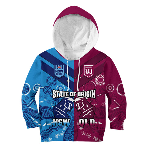 QLD Maroons And NSW Blues Rugby Hoodie KID State of Origin Indigenous LT14