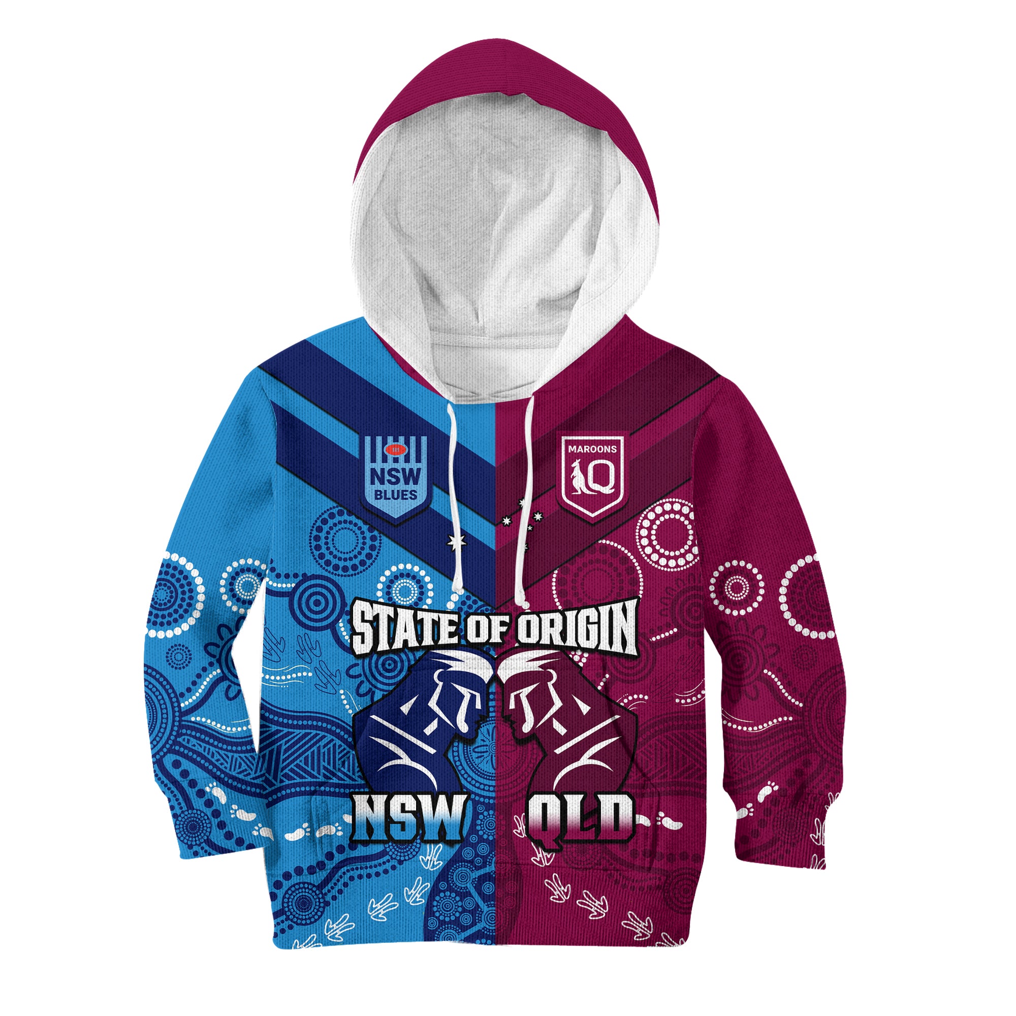 (Custom Personalised) QLD Maroons And NSW Blues Rugby Hoodie KID State of Origin Indigenous LT14