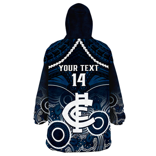 Personalised Carlton Football Wearable Blanket Hoodie Blues Aboriginal Mix Polynesian Pattern LT14