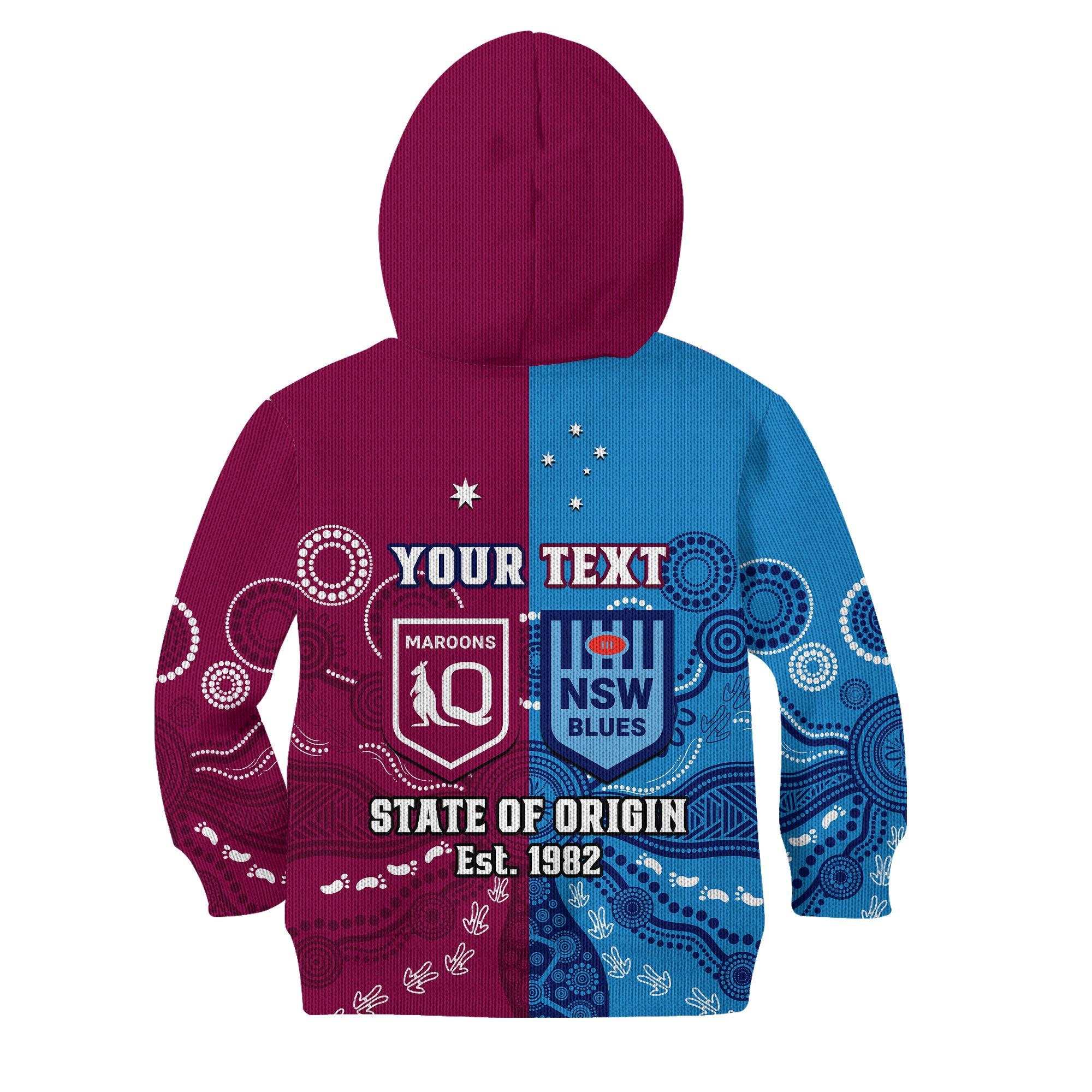 (Custom Personalised) QLD Maroons And NSW Blues Rugby Hoodie KID State of Origin Indigenous LT14