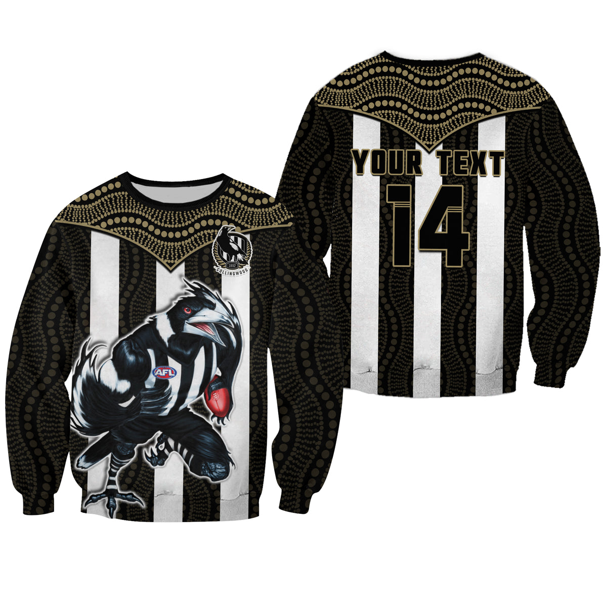 (Custom Text And Number) Magpies Football Sweatshirt Collingwood 1892 Indigenous Sporty Style LT14